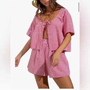 Gingham Tie-Front Pajama Set - Pink